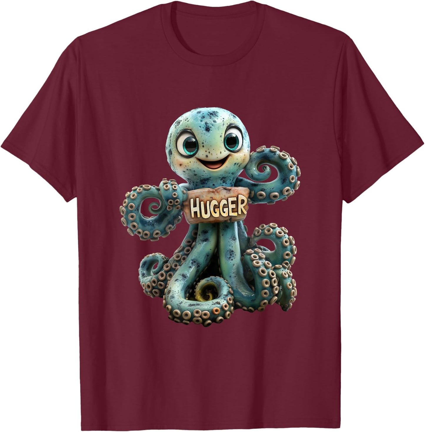 Hugger - Funny Cute Octopus T-Shirt - T-Shirt | Maroon