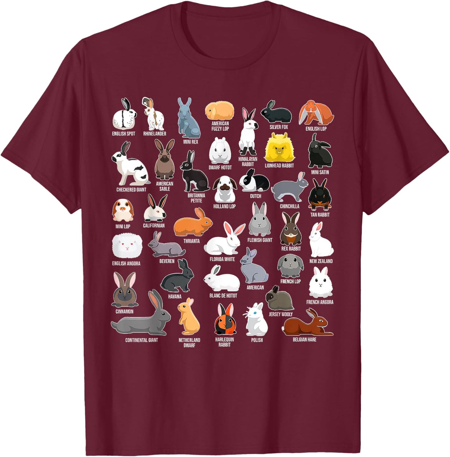 Types Of Rabbits Bunny Lover Animals Pet Men Women Kids T-Shirt - T-Shirt | Maroon
