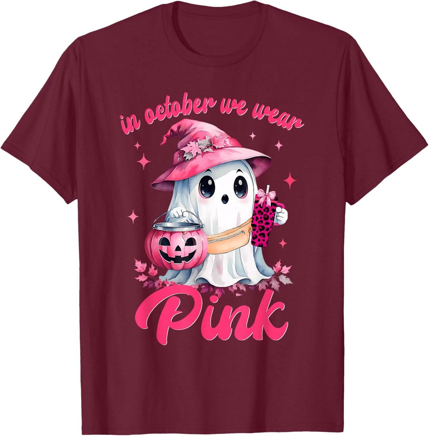In October We Wear Pink Ghost Witch Breast Cancer Awareness T-Shirt - T-Shirt | Maroon