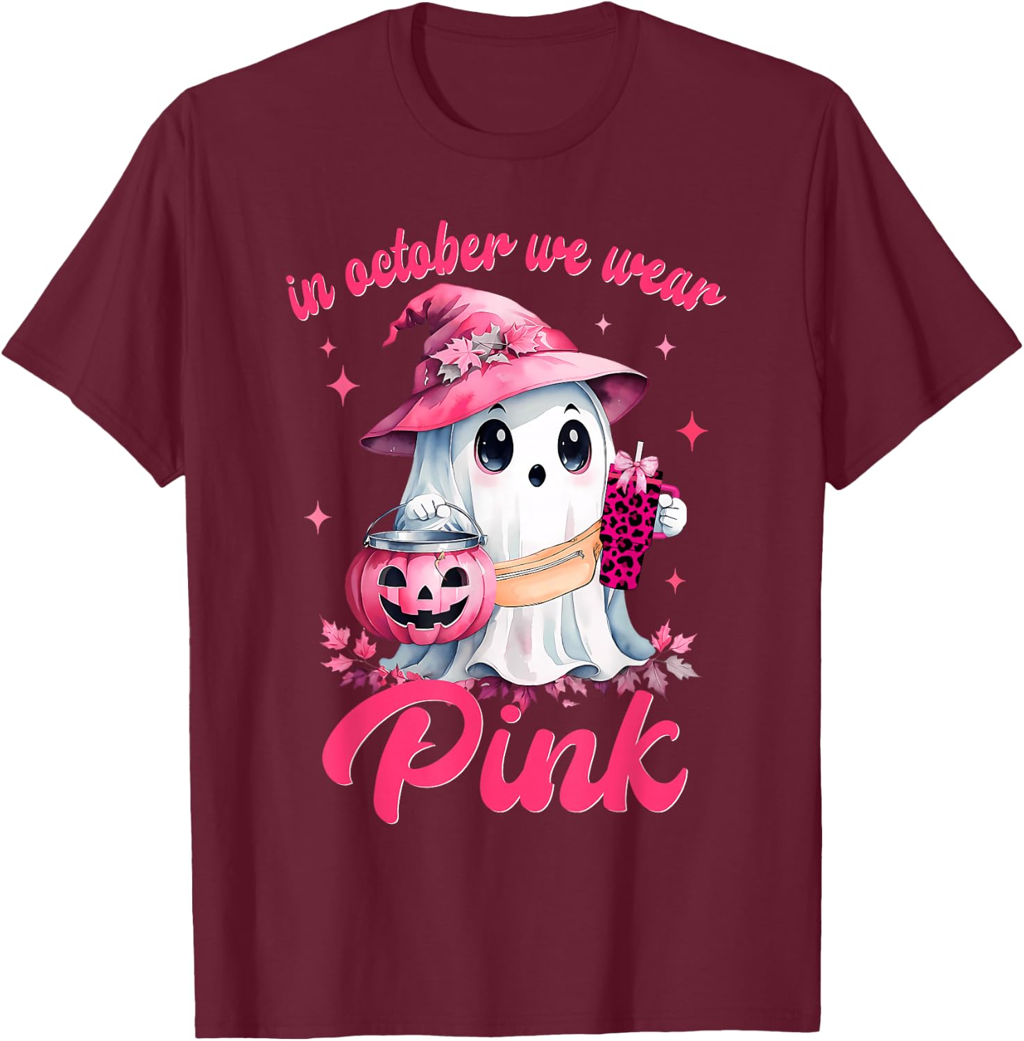 In October We Wear Pink Ghost Witch Breast Cancer Awareness T-Shirt - T-Shirt | Maroon