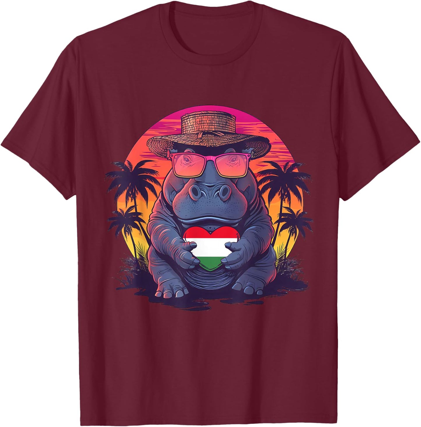 Hungary Flag Rhino Sunset Heart Sunglasses Hungarian Roots T-Shirt - T-Shirt | Maroon