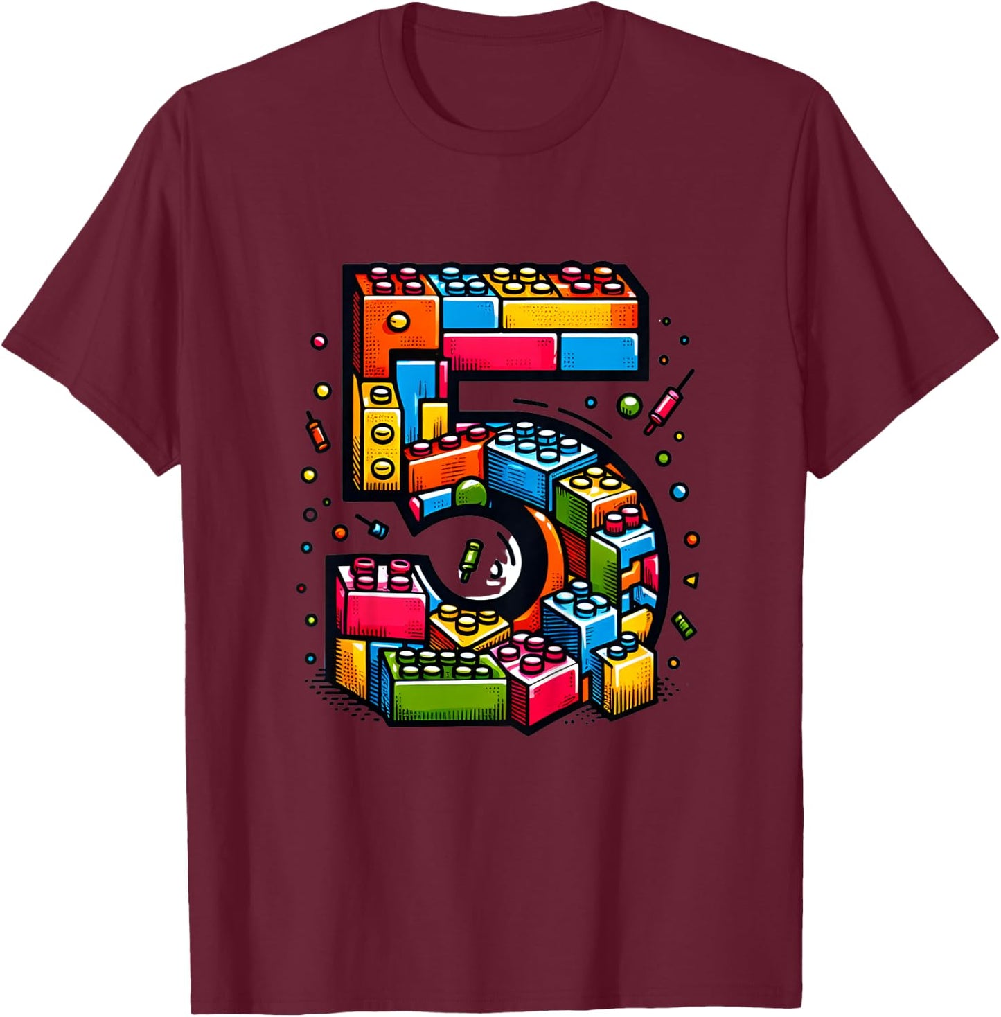 Children's 5th Birthday with Building Blocks Gift , black T-Shirt - T-Shirt | Maroon