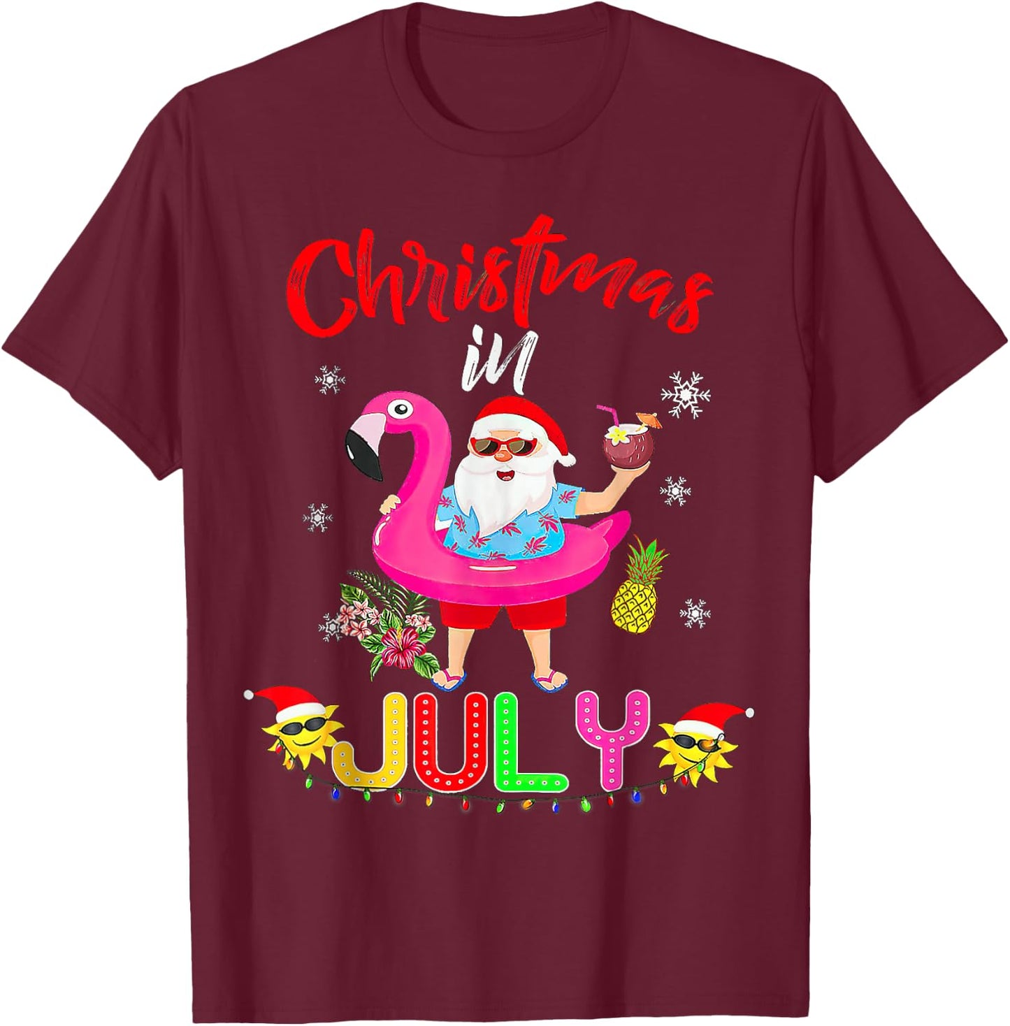 Christmas in July Santa Hawaiian flamingo T-Shirt - T-Shirt | Maroon