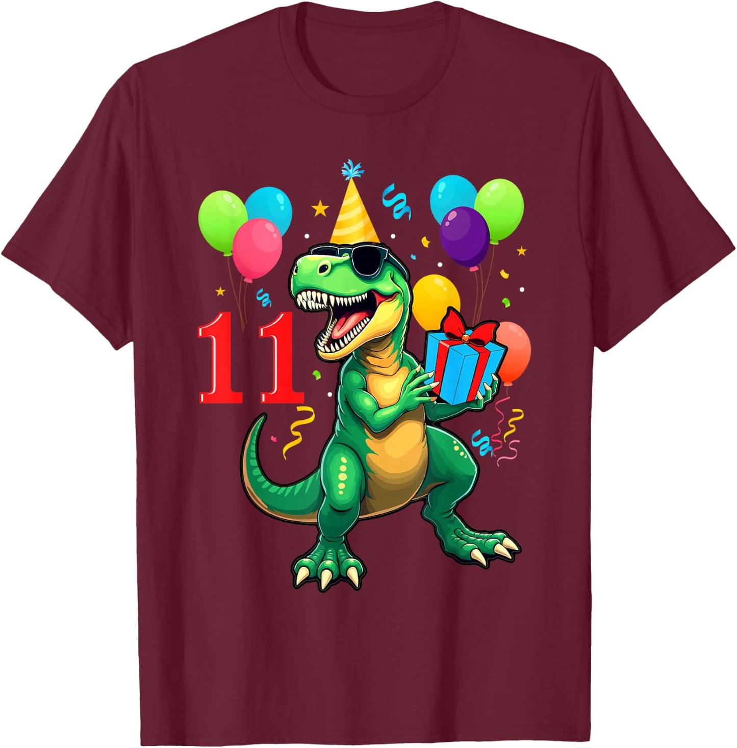 11th Birthday Shirt Boy Dinosaur Happy Bday T-rex Party Kids T-Shirt - T-Shirt | Maroon
