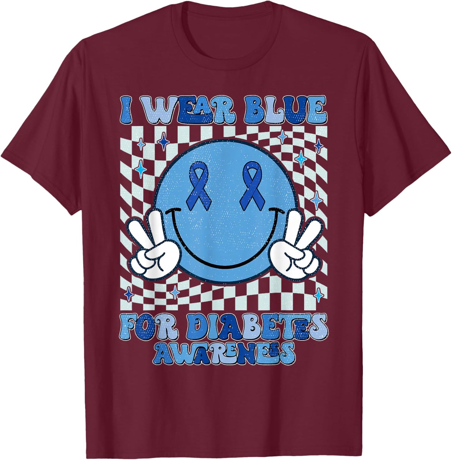 I Wear Ribbon Blue For Diabetes Awareness Women Men Kids T-Shirt - T-Shirt | Maroon