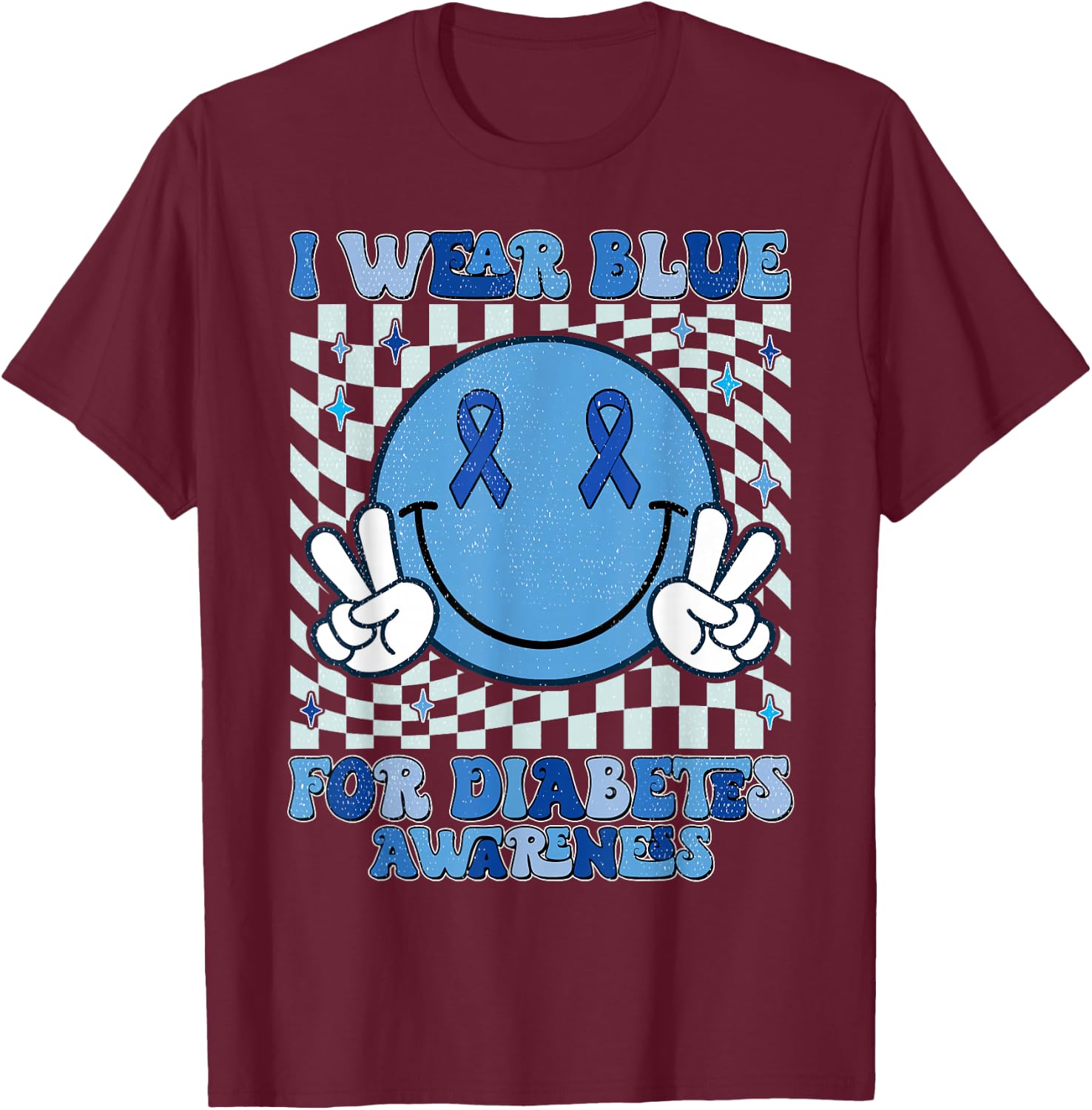 I Wear Ribbon Blue For Diabetes Awareness Women Men Kids T-Shirt - T-Shirt | Maroon