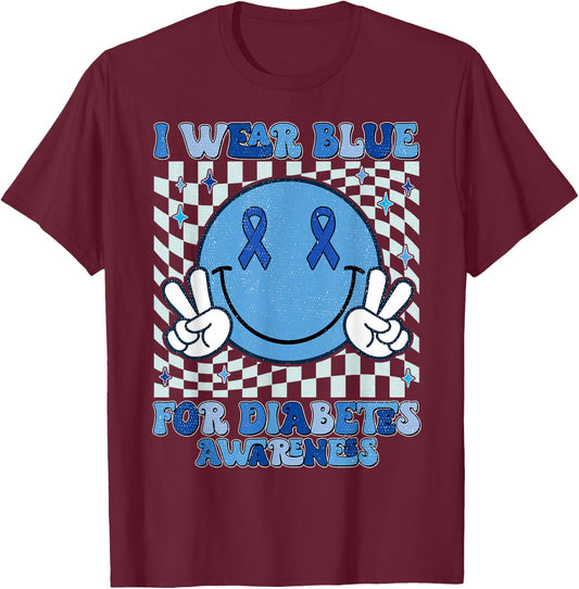 I Wear Ribbon Blue For Diabetes Awareness Women Men Kids T-Shirt - T-Shirt | Maroon