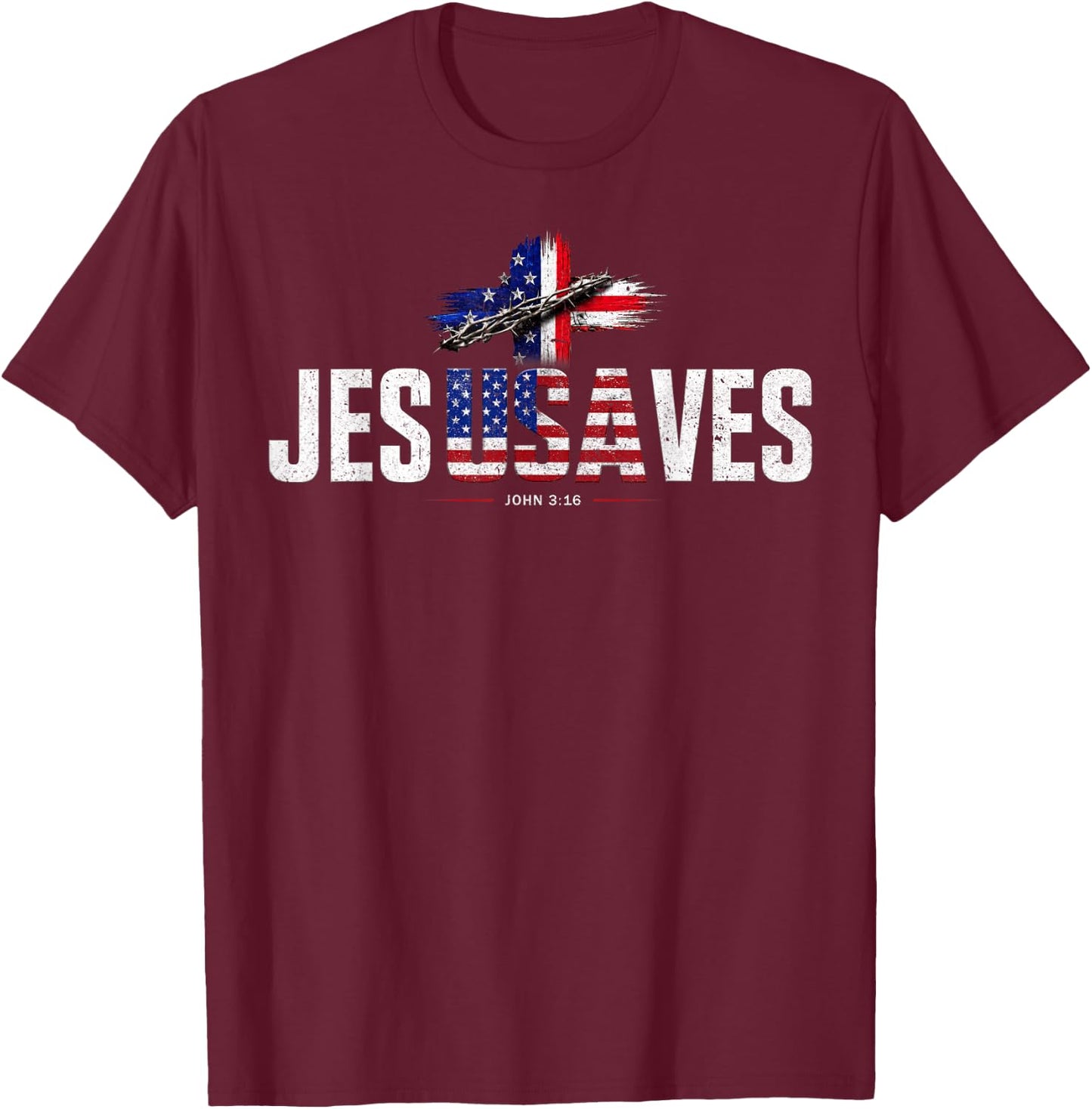 Jesus Saves Cross Subtle Christian Religious Faith USA Flag T-Shirt - T-Shirt | Maroon