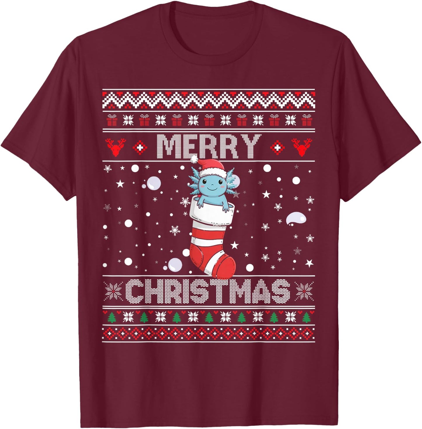 Axolotl Stocking Merry Ugly Christmas Kawaii Sweater Holiday T-Shirt - T-Shirt | Maroon