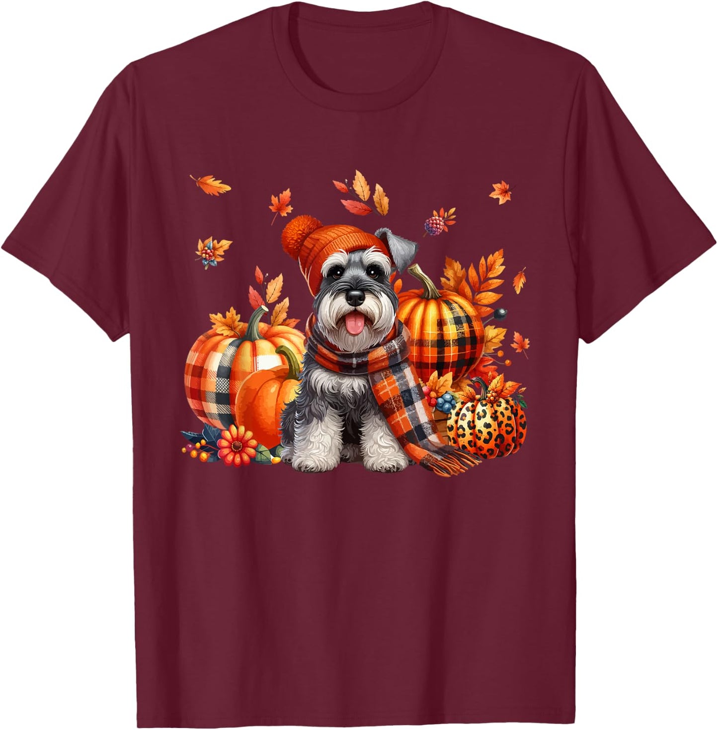 Schnauzer Thanksgiving Leopard Pumpkins Fall Leaves Lover T-Shirt - T-Shirt | Maroon