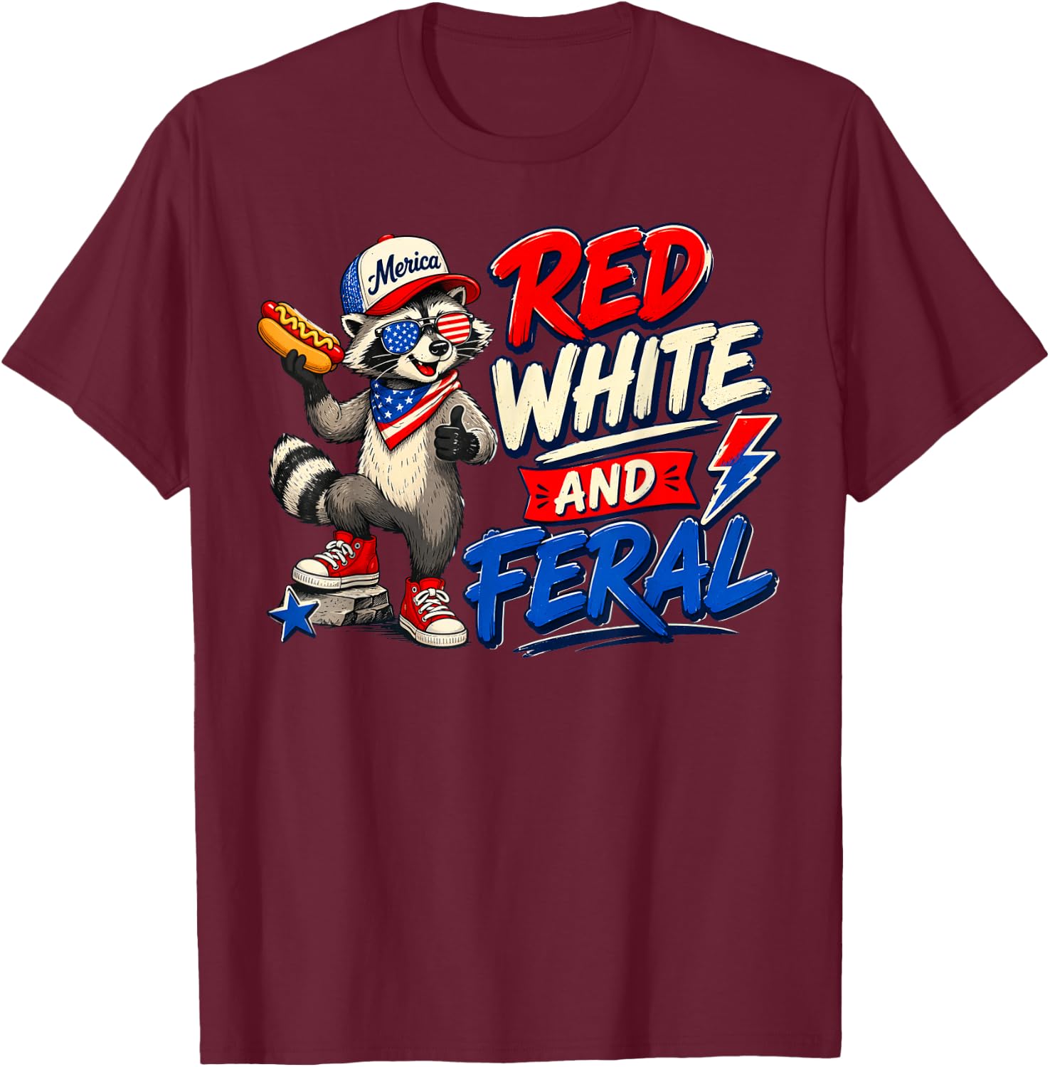 Red White and Feral Patriotic Raccoon American Flag T-Shirt - T-Shirt | Maroon