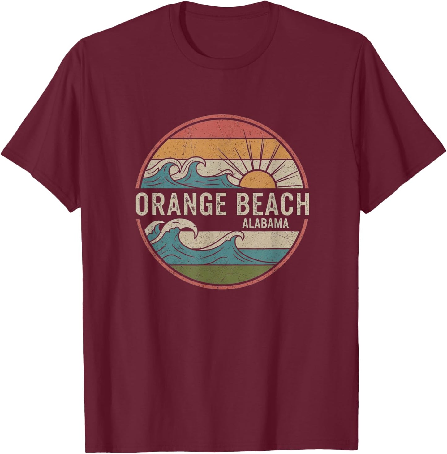 Retro Orange Beach Alabama Drawing Art Design T-Shirt - T-Shirt | Maroon
