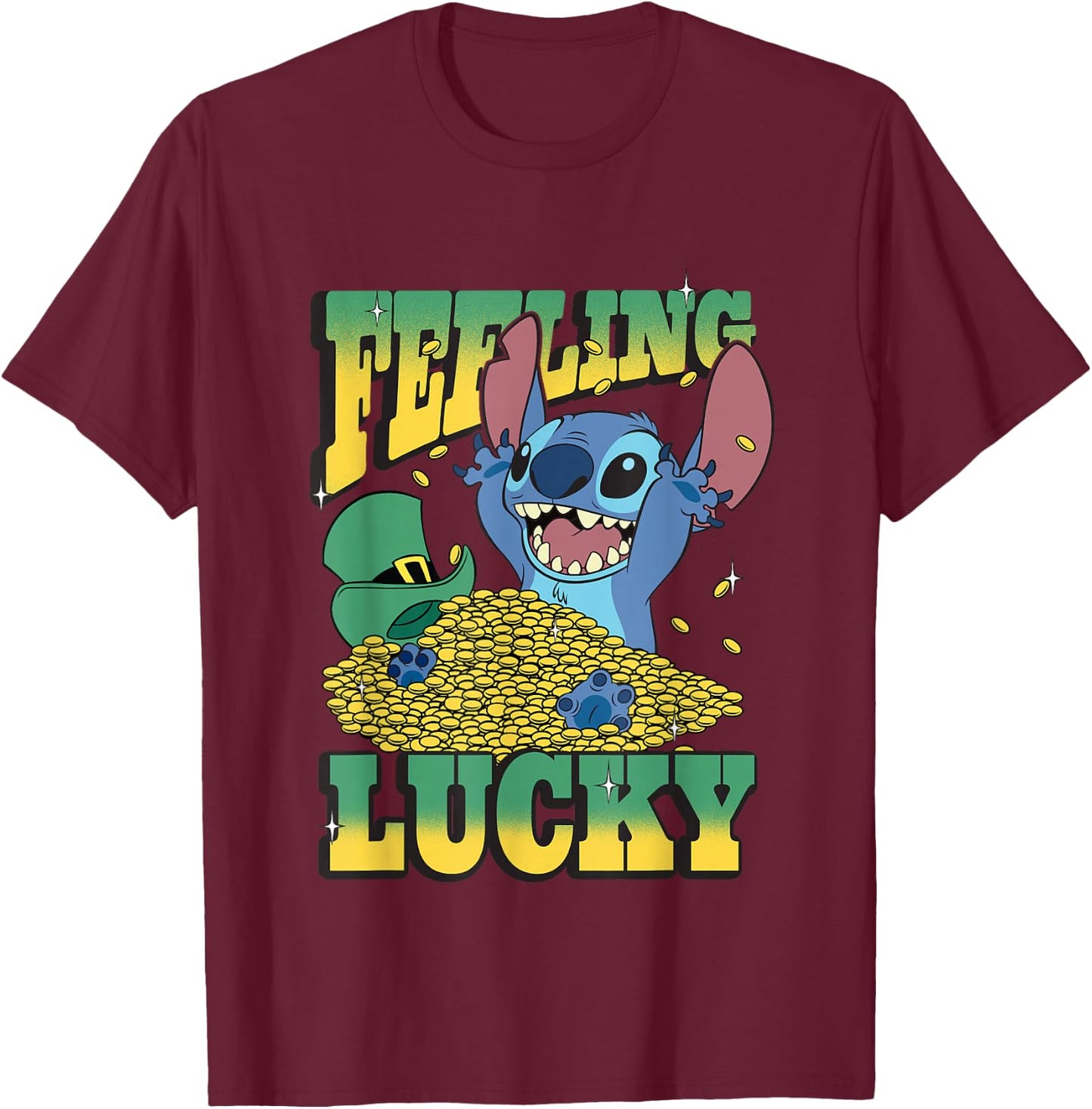 Disney Lilo & Stitch St. Patrick's Day Feeling Lucky Stitch T-Shirt - T-Shirt | Maroon