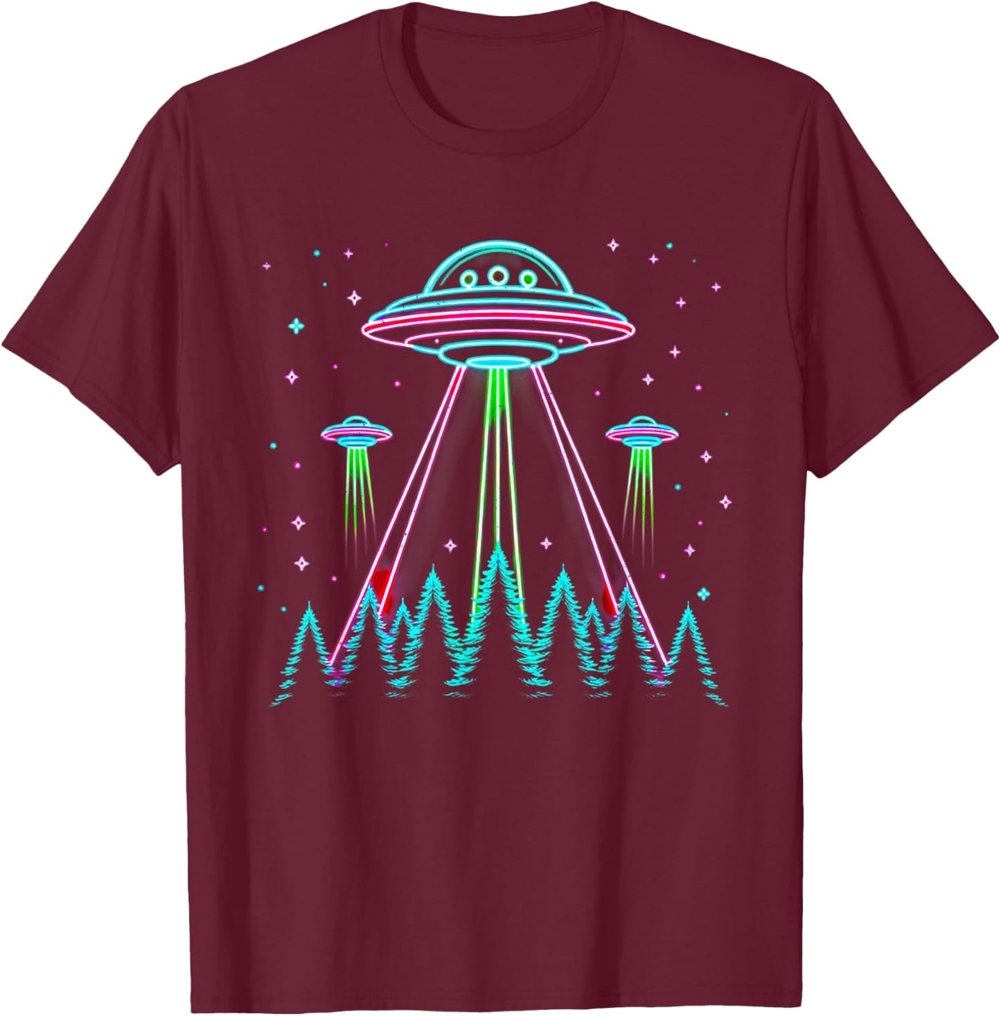 UFO Abduction Line Art Moon Day Alien Spaceship Sci-fi T-Shirt - T-Shirt | Maroon