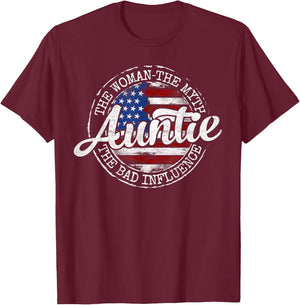 Auntie Woman Myth Bad Influence USA Flag Stamp Mothers Day T-Shirt - T-Shirt | Maroon