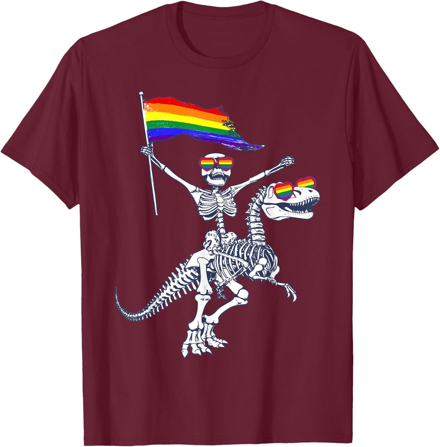 LGBT Flag Skeleton Riding T-Rex Dinosaur Gay Pride Month T-Shirt - T-Shirt | Maroon