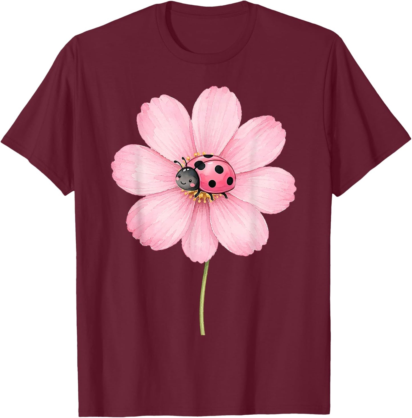 Cute Ladybug Pink Cosmos Flower Watercolor Spring Aesthetic T-Shirt - T-Shirt | Maroon