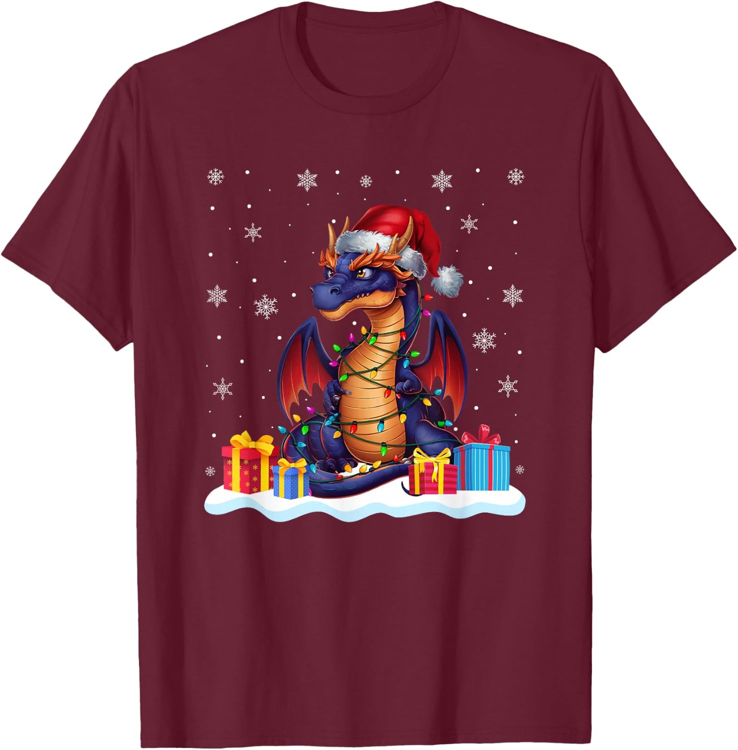 Dragon Santa Hat Christmas Tree Light Xmas Pajama T-Shirt - T-Shirt | Maroon