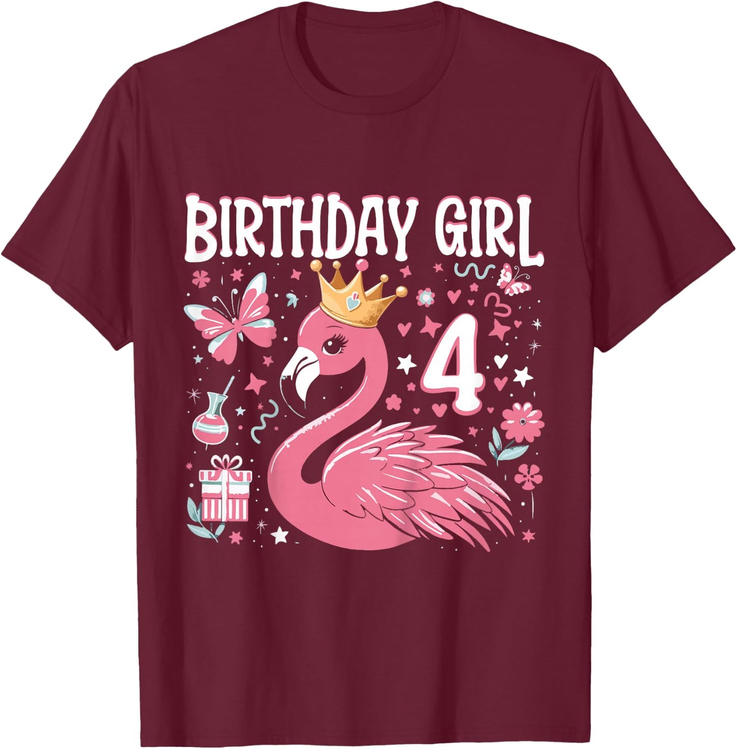 Kids 4th Birthday Gift Flamingo Fan 4 Year Old Girls 4th Bday T-Shirt - T-Shirt | Maroon