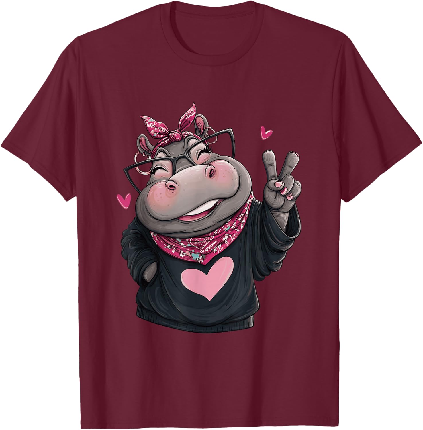 Cute Hippo Female Character Peace Sign Kawaii Pop Graphic T-Shirt - T-Shirt | Maroon