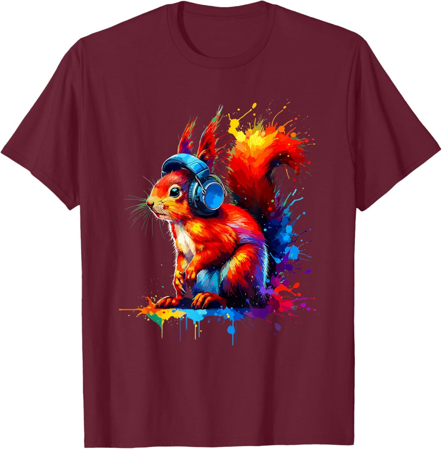 Colourful Splash Art Headphones with Red Squirrel , black T-Shirt - T-Shirt | Maroon