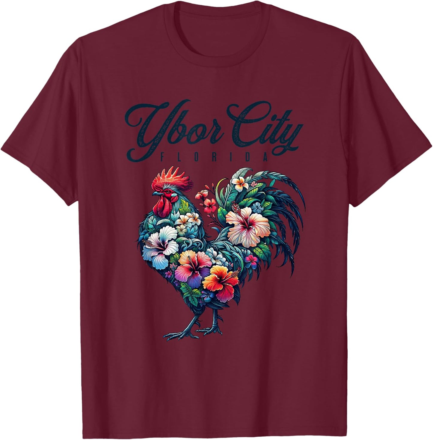 Ybor City Florida Tropical Chicken With Hibiscus T-Shirt - T-Shirt | Maroon