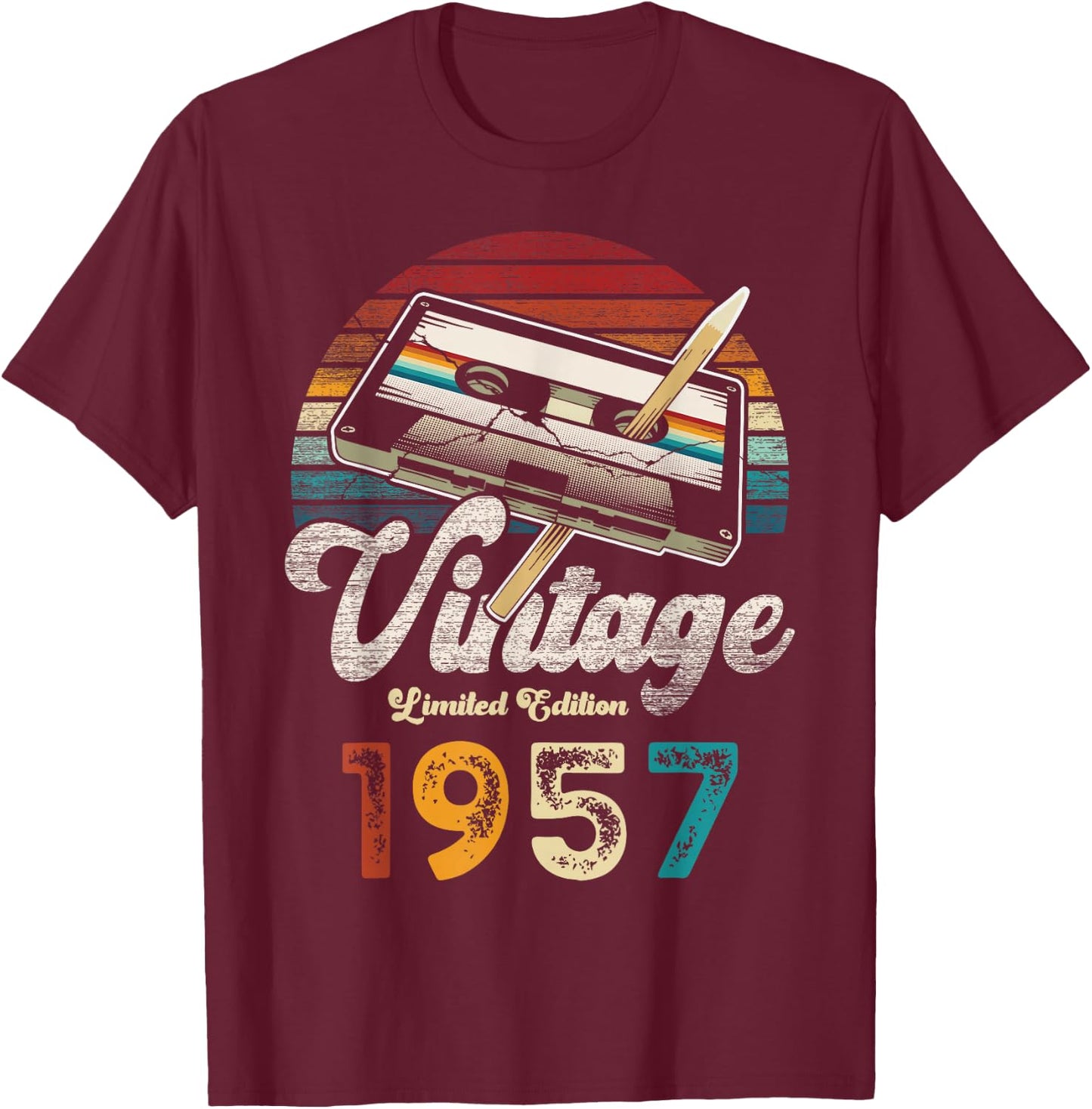Vintage 1957 Geburtstag 69 Jahre Kassette Bleistift T-Shirt - T-Shirt | Maroon