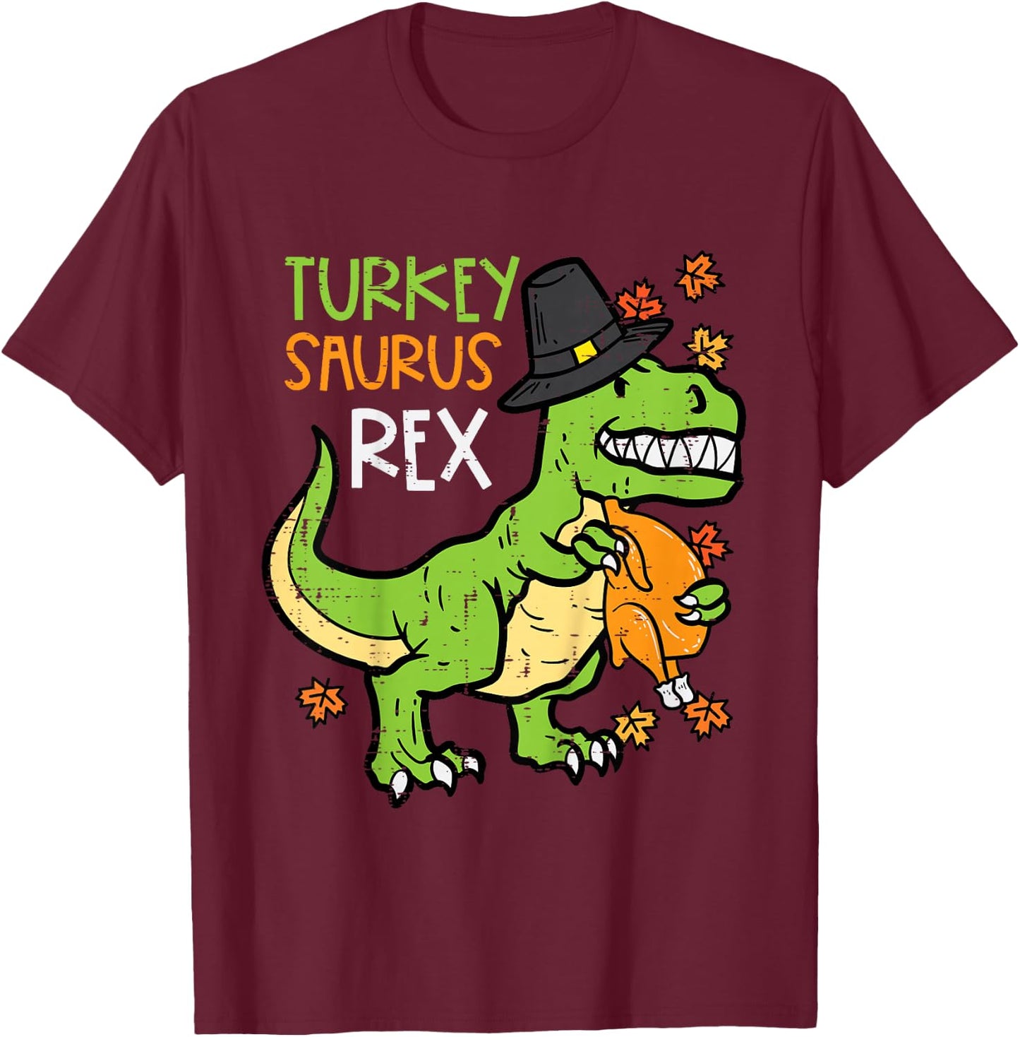 Kids Thanksgiving Turkey Saurus Rex Dino Fall Boys Kids Toddler T-Shirt - T-Shirt | Maroon