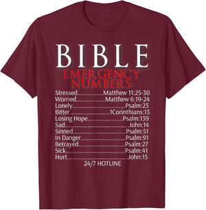 Bible Emergency Numbers Shirt Bible Hotline T-Shirt - T-Shirt | Maroon
