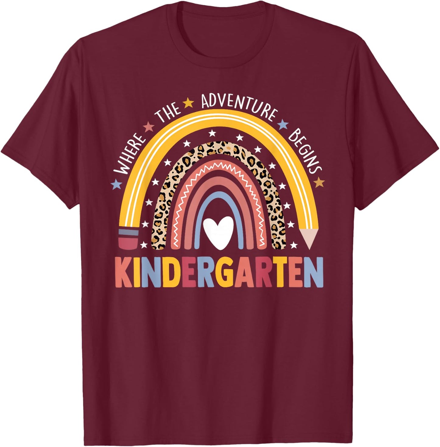Kindergarten Where The Adventure Begins Leopard Rainbow T-Shirt - T-Shirt | Maroon