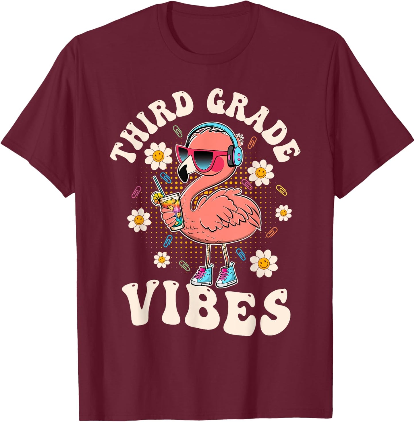 Flamingo Back to School Third Grade Vibes Teacher 3rd Grade Men Women Girls Kids T-Shirt - T-Shirt | Maroon