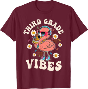 Flamingo Back to School Third Grade Vibes Teacher 3rd Grade Men Women Girls Kids T-Shirt - T-Shirt | Maroon
