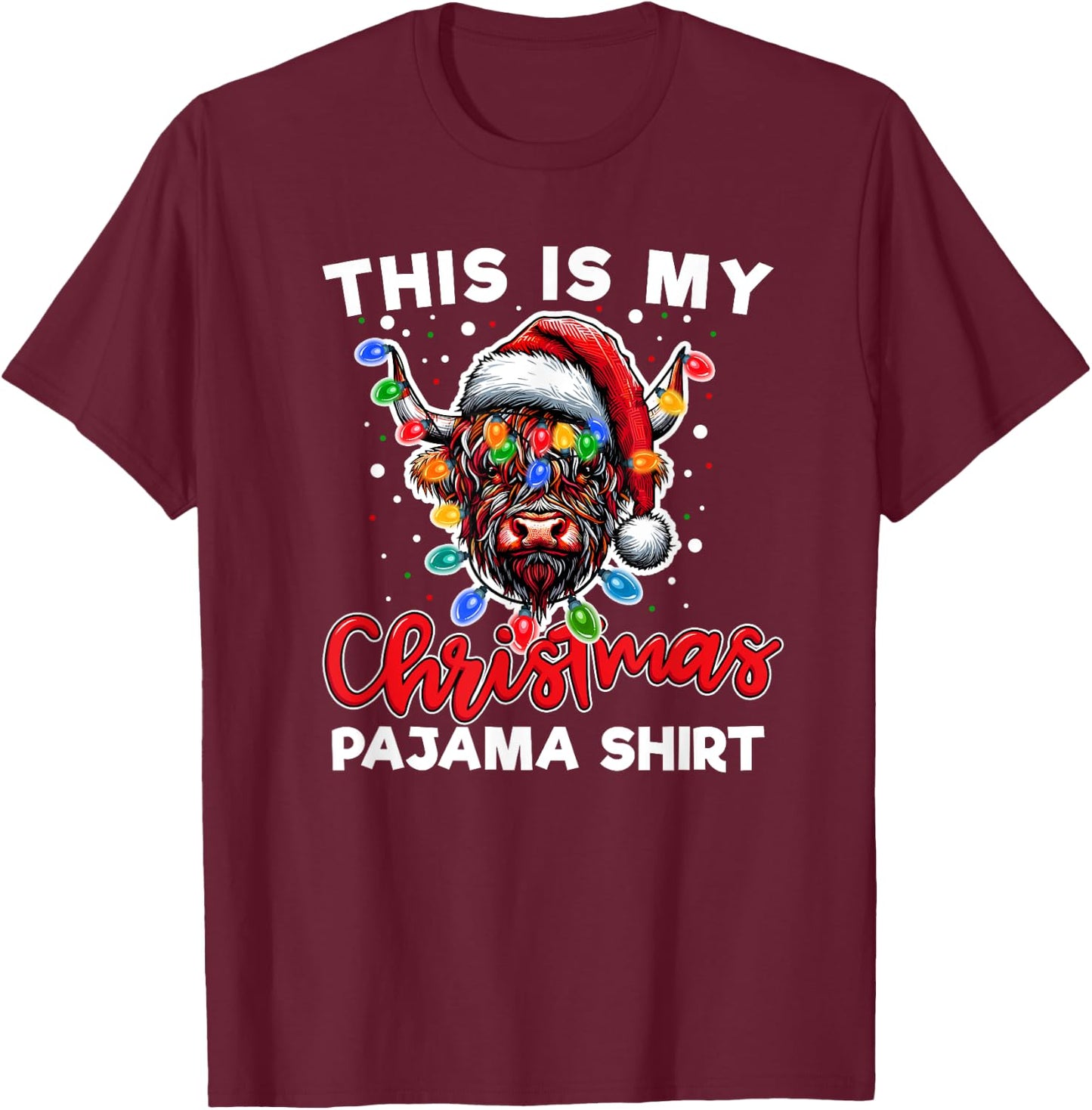 Highland Cow Christmas Pajama Santa Cow Lover T-Shirt - T-Shirt | Maroon