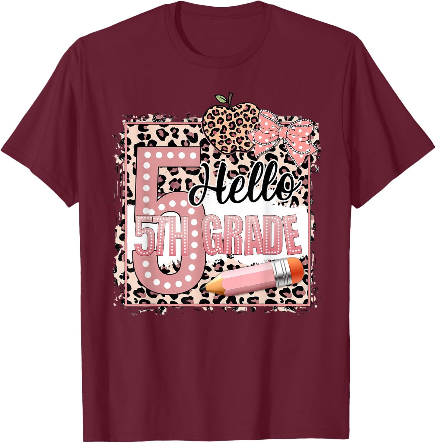 Cute Hello 5th Grade Pink Leopard Print Girls Kids T-Shirt - T-Shirt | Maroon
