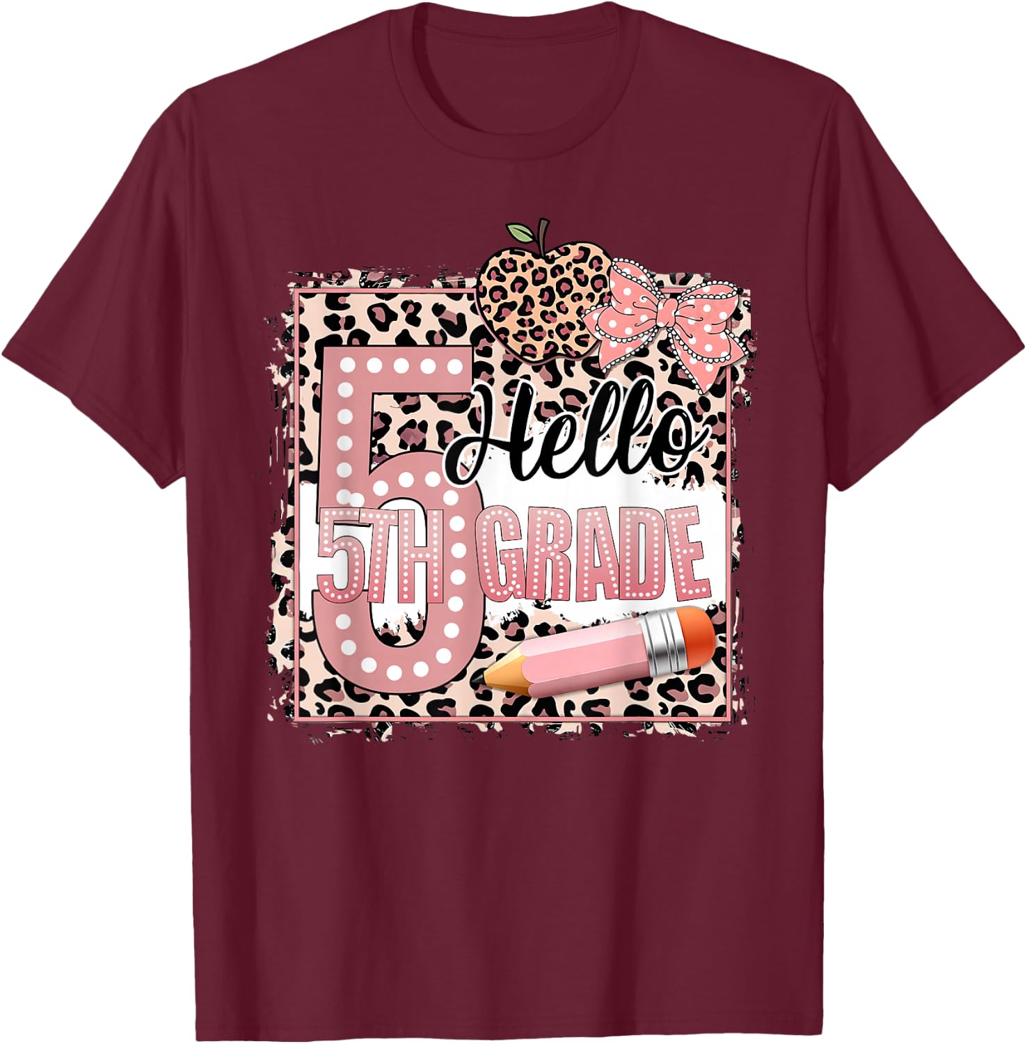 Cute Hello 5th Grade Pink Leopard Print Girls Kids T-Shirt - T-Shirt | Maroon