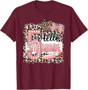 Cute Hello 5th Grade Pink Leopard Print Girls Kids T-Shirt - T-Shirt | Maroon