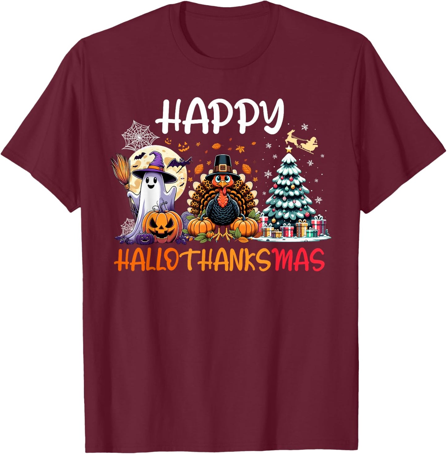Halloween Thanksgiving Christmas Turkey Happy HalloThanksMas T-Shirt - T-Shirt | Maroon