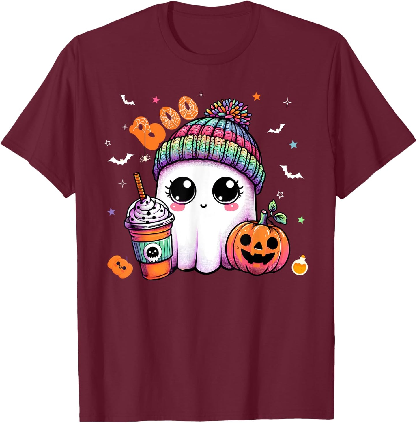Cute Ghost Boo Drinking Pumpkin Spice Coffee Halloween T-Shirt - T-Shirt | Maroon