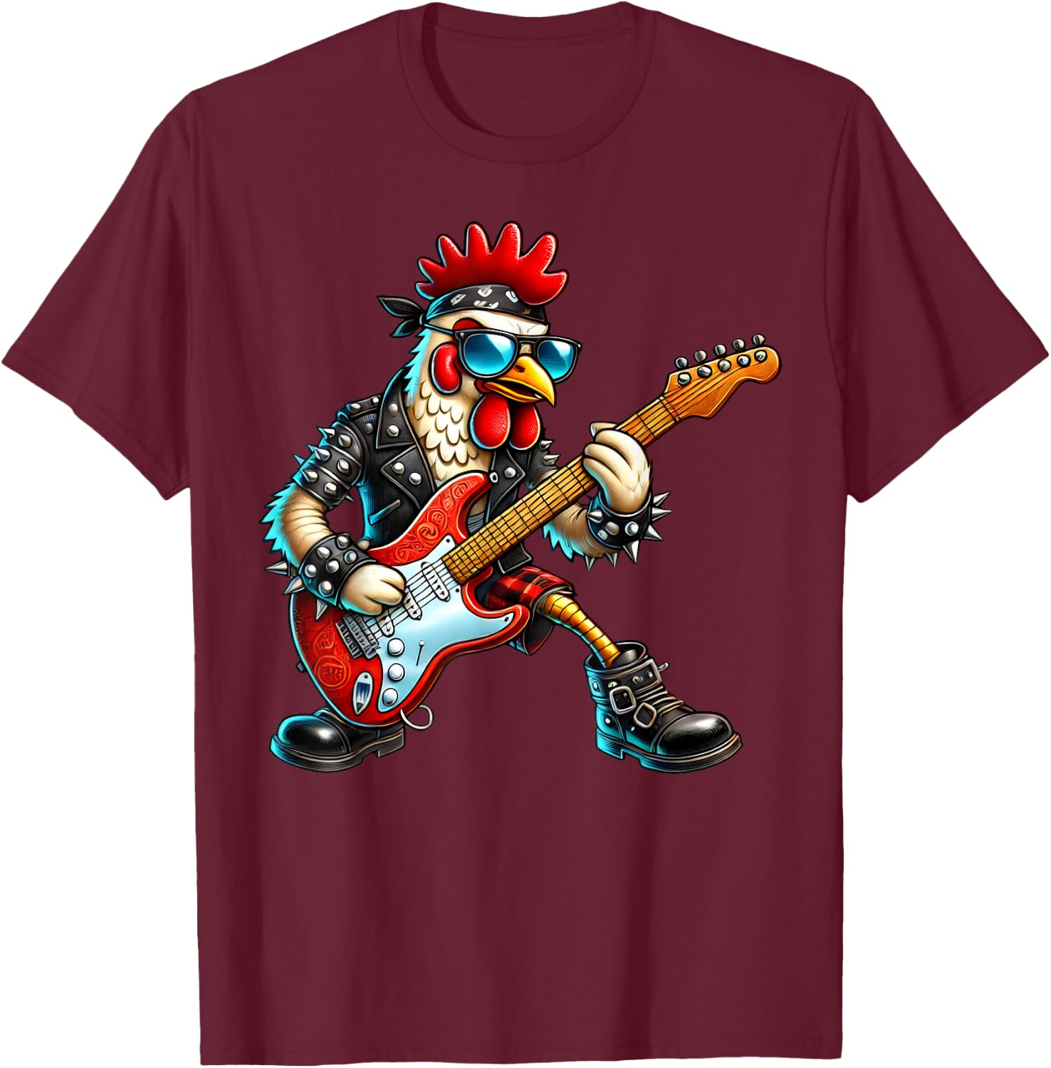 Funny Punk Chicken Rock N Roll Chicken Guitar Band T-Shirt - T-Shirt | Maroon