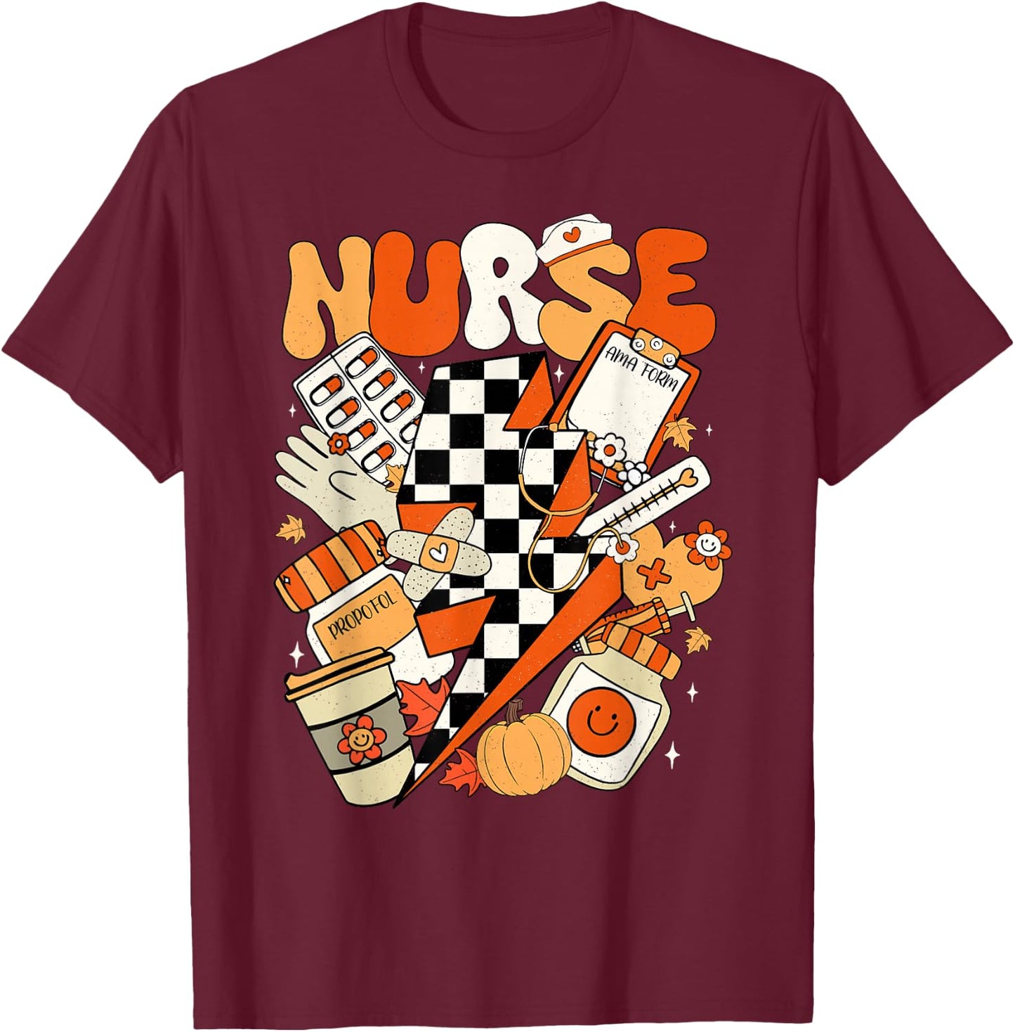 Retro Pumpkin Nurse Life Thanksgiving Fall Autumn Nurse T-Shirt - T-Shirt | Maroon
