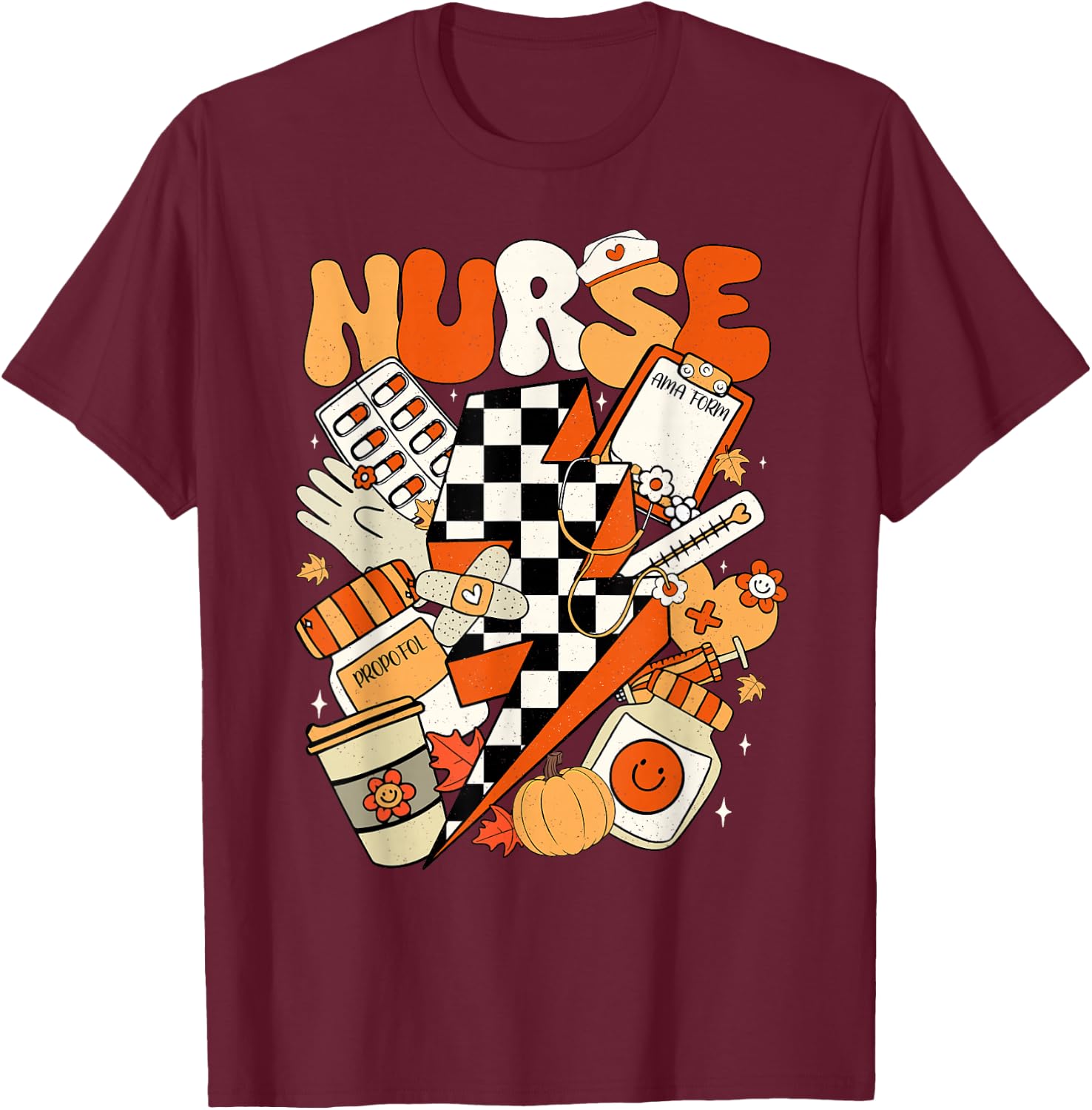 Retro Pumpkin Nurse Life Thanksgiving Fall Autumn Nurse T-Shirt - T-Shirt | Maroon