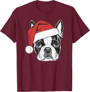 Joyful Boston Terrier Santa Dog on Boston Terrier Christmas Women Kids T-Shirt - T-Shirt | Maroon