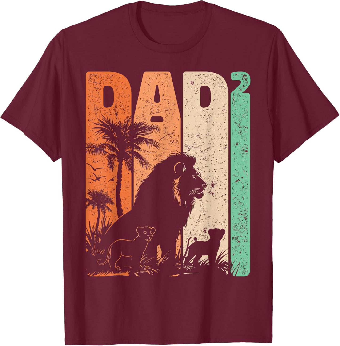 Retro Lion Father with Two Cubs Dad Squared Father's Day T-Shirt - T-Shirt | Maroon