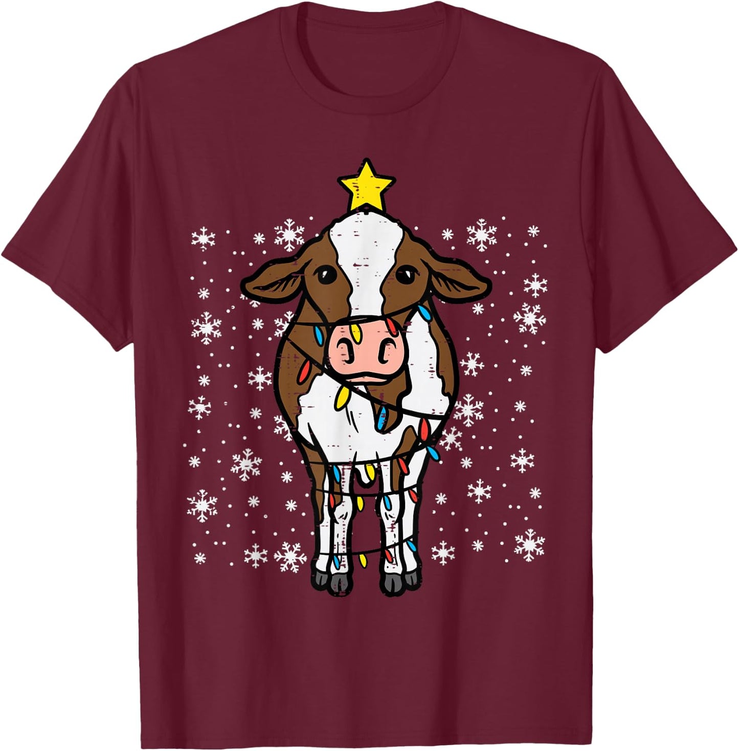 Cow Christmas Lights Funny Xmas Farm Farmer Men Women Kids T-Shirt - T-Shirt | Maroon
