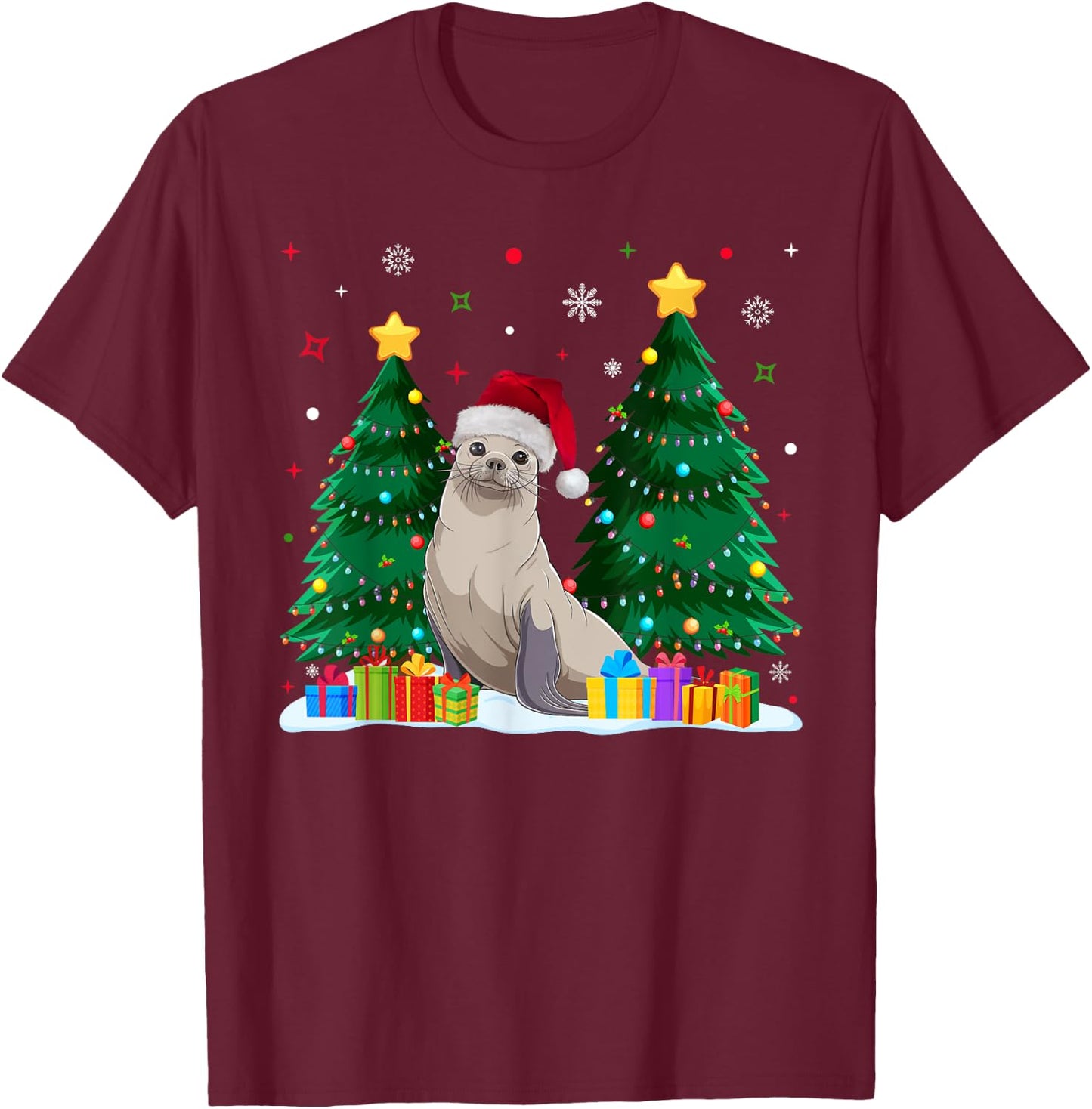 Funny Animal Lovers Seal Santa Hat Ugly Christmas Sweater T-Shirt - T-Shirt | Maroon