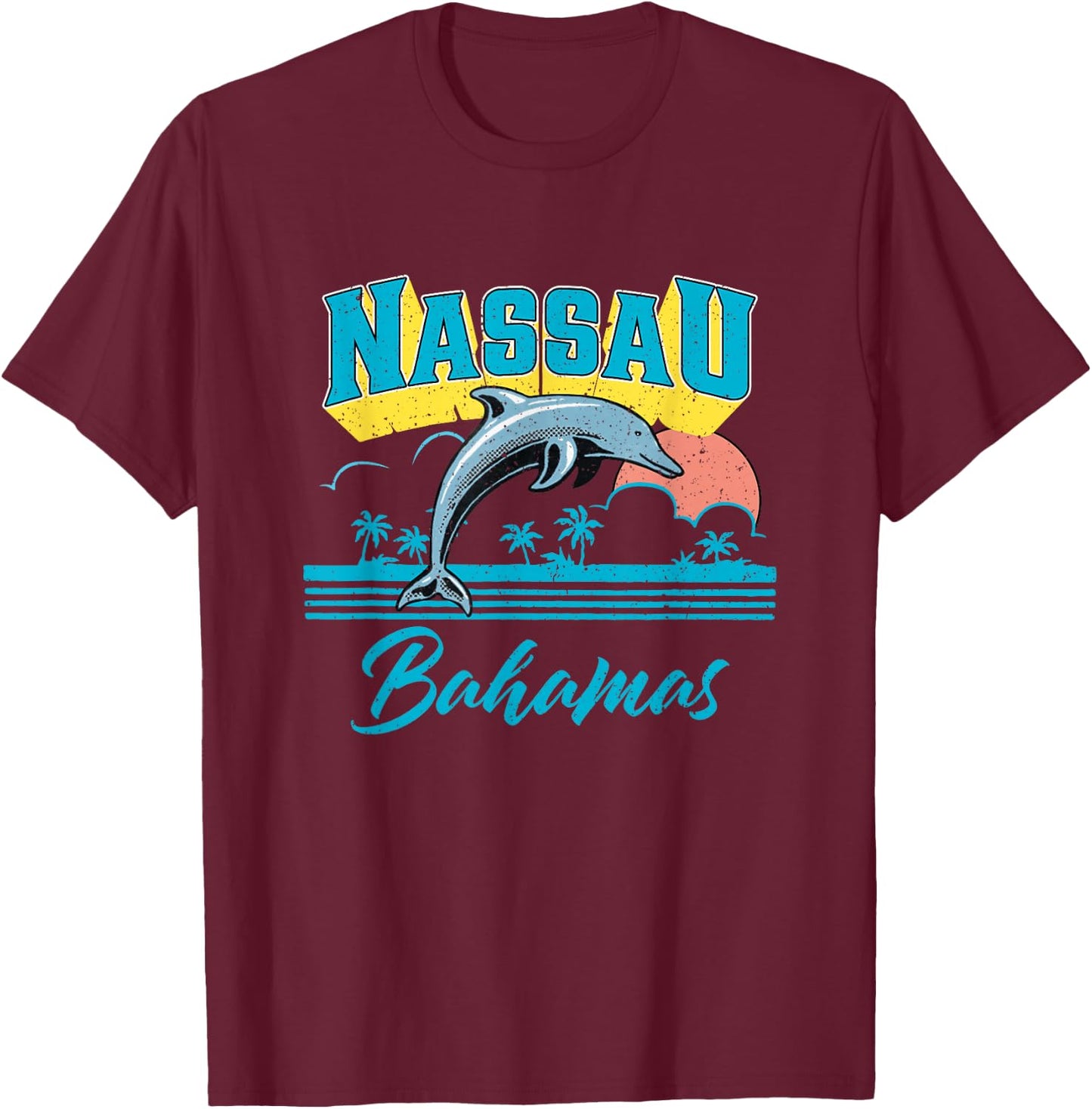 Nassau Bahamas Sunset Palm Tree Dolphin Retro Vacation T-Shirt - T-Shirt | Maroon