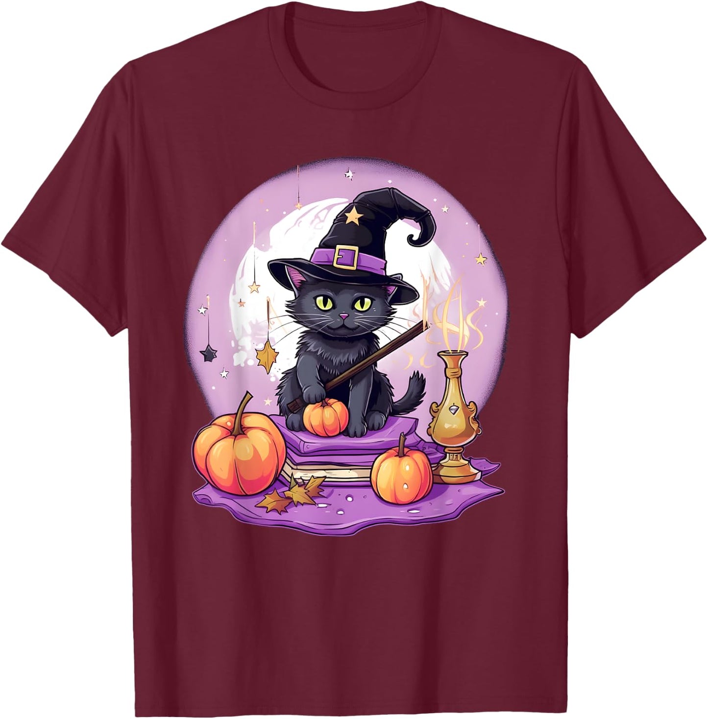 Black Cat Witch Halloween Toddler Girls Moon T-Shirt - T-Shirt | Maroon