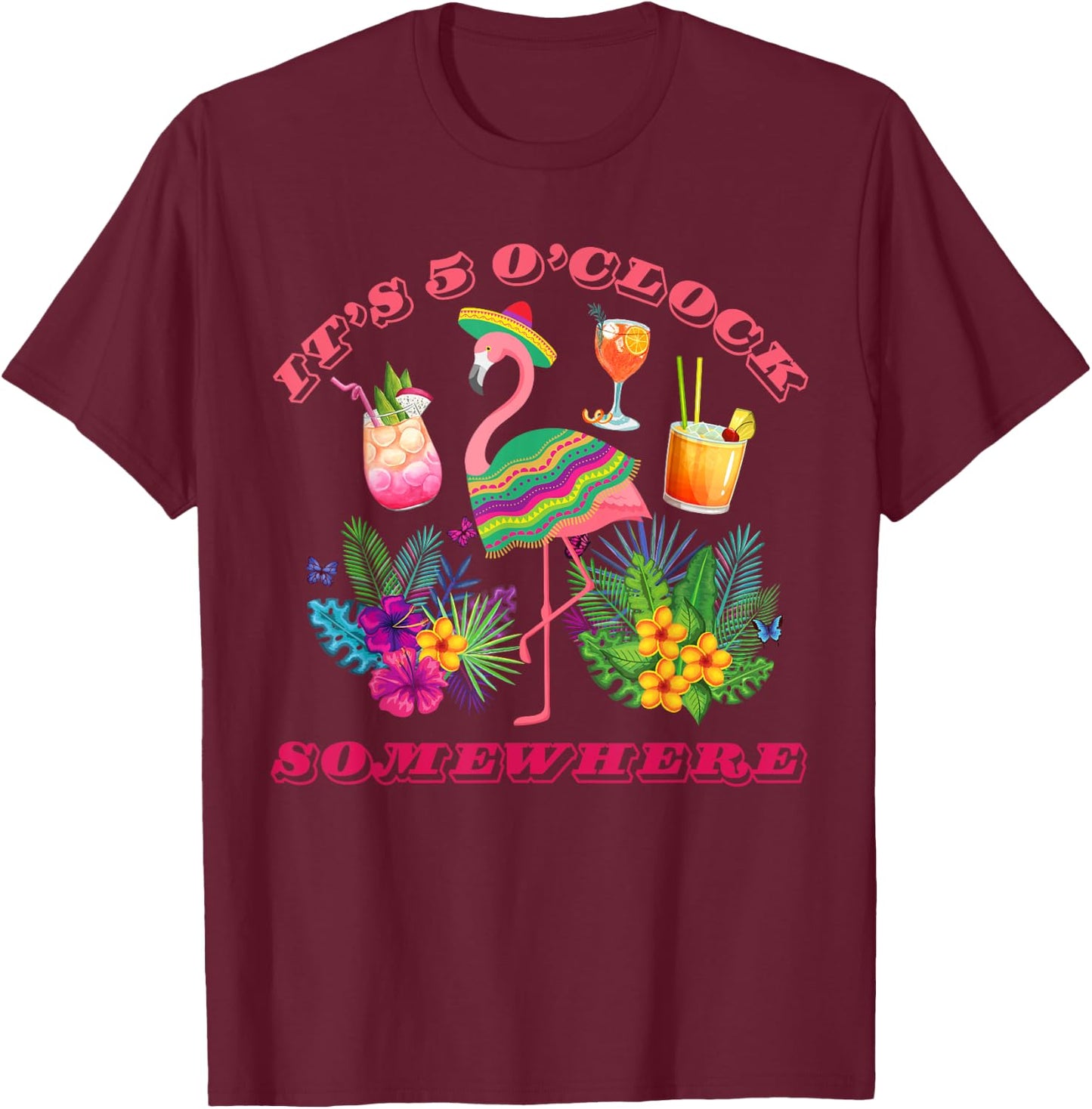 It's 5 O'clock Somewhere Parrot Sunset Drinking Summer Retro T-Shirt - T-Shirt | Maroon