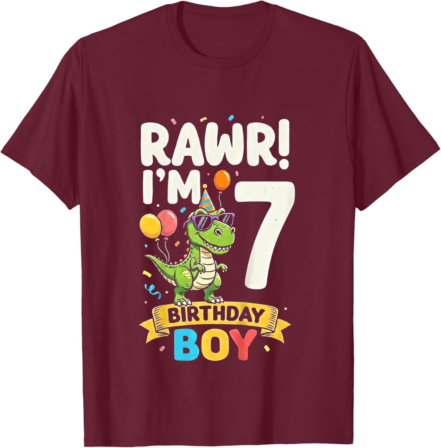 Kids Seven 7yr 7th Birthday Rawr Dinosaur 7 Year Old Birthday Boy T-Shirt - T-Shirt | Maroon
