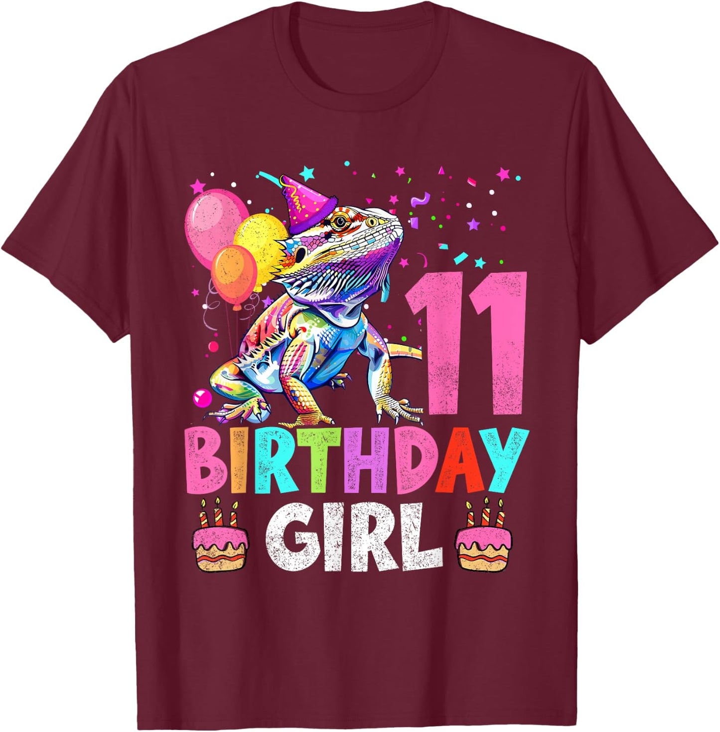 11th Birthday Girl Bearded Dragon 11 Years Old Bday Party T-Shirt - T-Shirt | Maroon